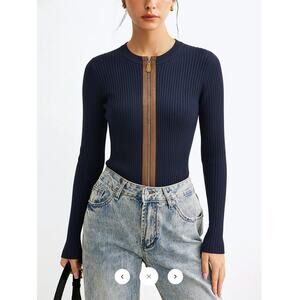 Commense Zip-Front Suede Panel Ribbed Knit Top Sz L